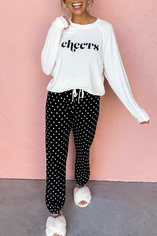 Black Cheers Graphic Raglan Long Sleeve Pullover and Polka Dot Pants 2pcs Loungewear-Loungewear & Sleepwear/Loungewear-[Adult]-[Female]-Black-S-2022 Online Blue Zone Planet
