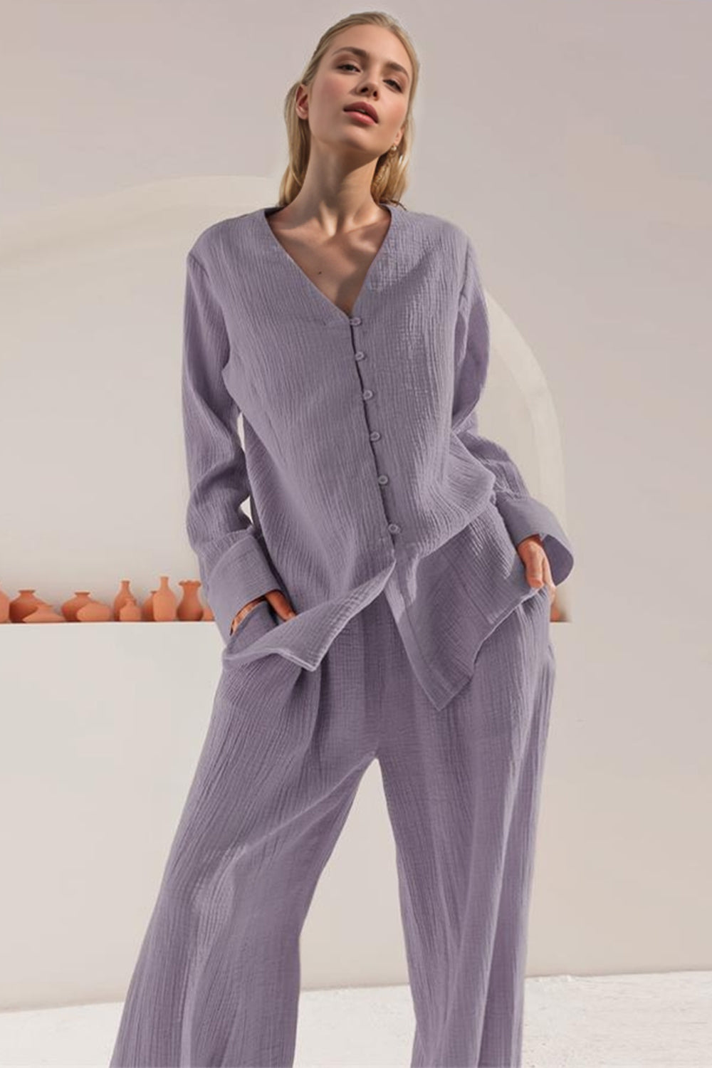 Basic Bae Buttery-Soft V-Neck Long Sleeve Top and Pants Set-TOPS / DRESSES-[Adult]-[Female]-2022 Online Blue Zone Planet