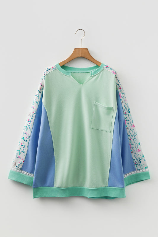 Green Color Block Floral Patchwork Long Sleeve Notched Neck Plus Size Top-Plus Size/Plus Size Tops/Plus Size Long Sleeve Tops-[Adult]-[Female]-Green-1X-2022 Online Blue Zone Planet