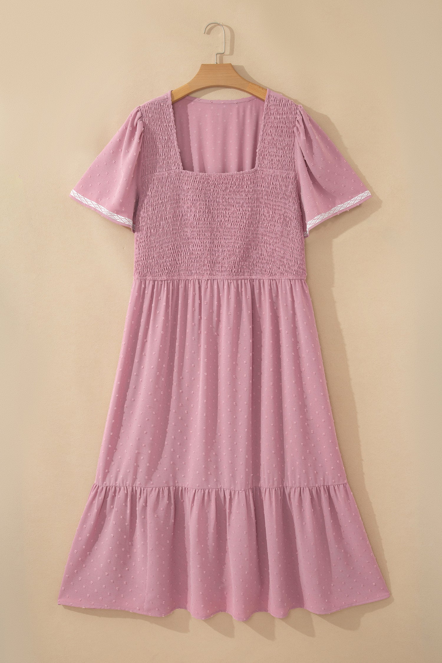 Pink Plus Size Swiss Dot Short Sleeve Smocked High Waist Flowy Midi Dress-TOPS / DRESSES-[Adult]-[Female]-2022 Online Blue Zone Planet