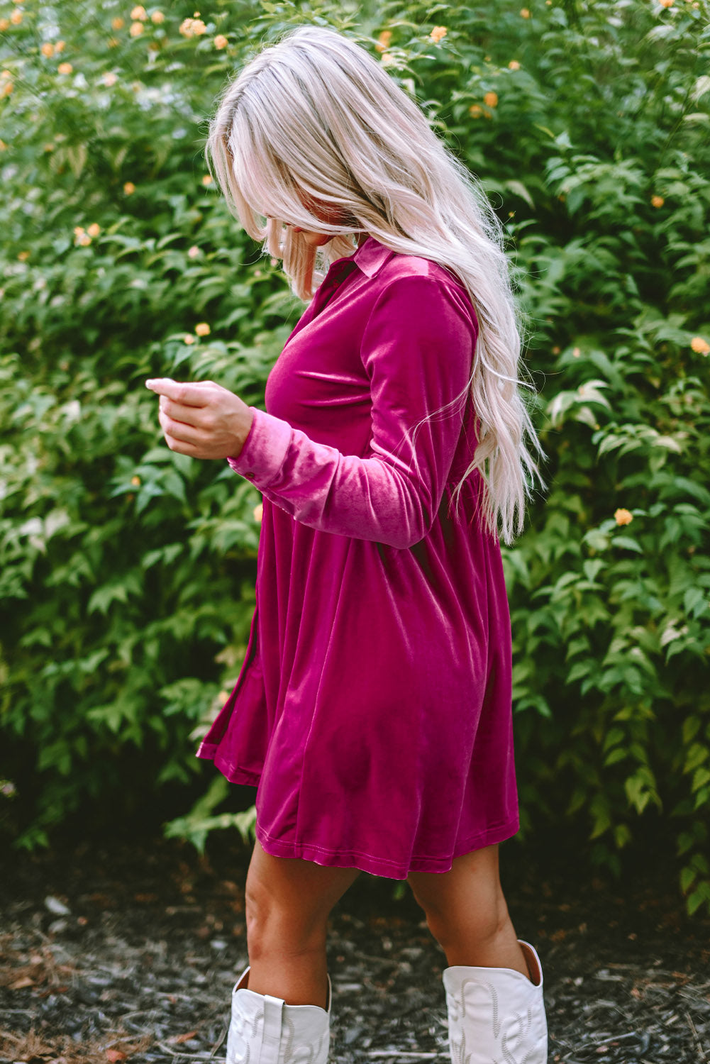 Rose Long Sleeve Ruffle Velvet Button Up Dress-Dresses/Mini Dresses-[Adult]-[Female]-2022 Online Blue Zone Planet