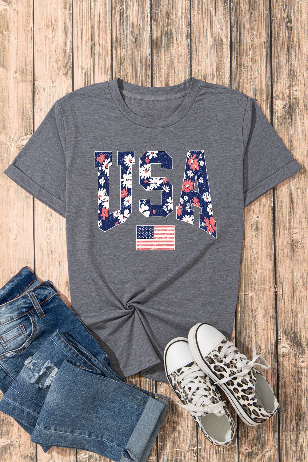 Gray Blooming USA Flag Print Casual T Shirt-Graphic/Graphic Tees-[Adult]-[Female]-2022 Online Blue Zone Planet