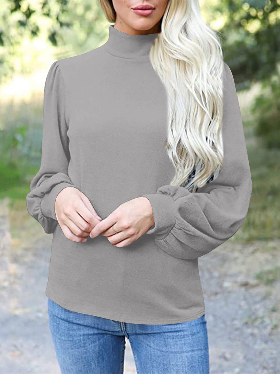 Full Size Mock Neck Long Sleeve T-Shirt-TOPS / DRESSES-[Adult]-[Female]-Gray-S-2022 Online Blue Zone Planet