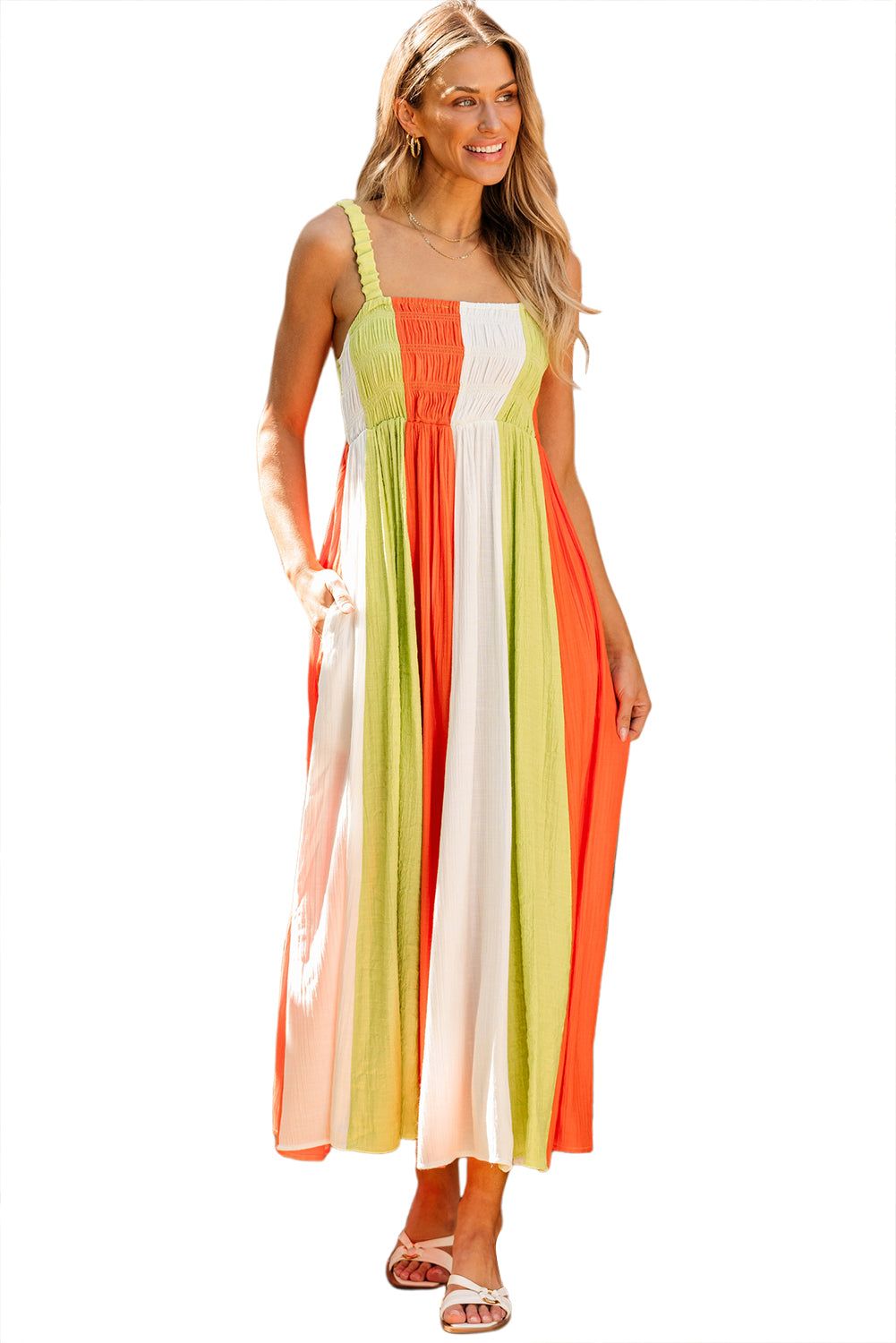 Green Color Block Shirred High Waist Fit and Flare Maxi Dress-Dresses/Maxi Dresses-[Adult]-[Female]-2022 Online Blue Zone Planet