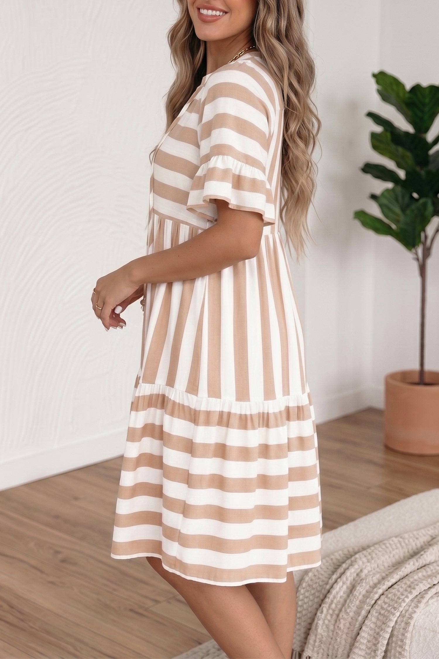 Khaki Stripe Tie V Neck Ruffle Trim Short Sleeve Flared Summer Dress-TOPS / DRESSES-[Adult]-[Female]-2022 Online Blue Zone Planet