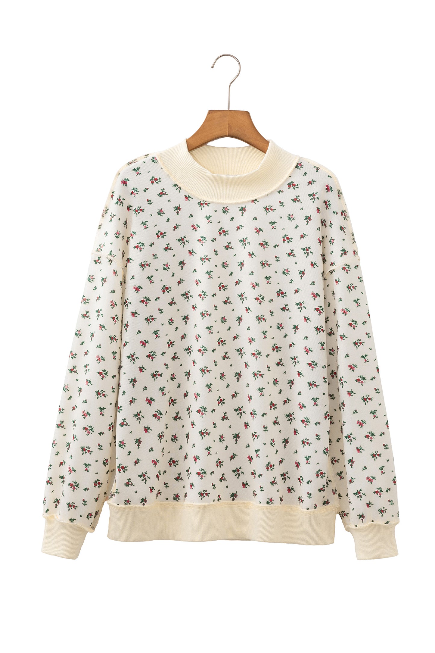 Beige Ribbed High Neck Patchwork Floral Print Baggy Pullover Sweatshirt-Tops/Sweatshirts & Hoodies-[Adult]-[Female]-2022 Online Blue Zone Planet