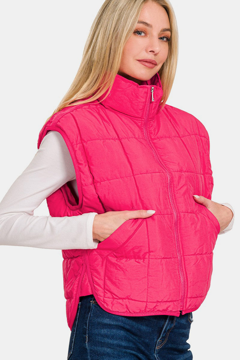 Zenana Zip Up Cropped Puffer Vest with Pockets-TOPS / DRESSES-[Adult]-[Female]-2022 Online Blue Zone Planet