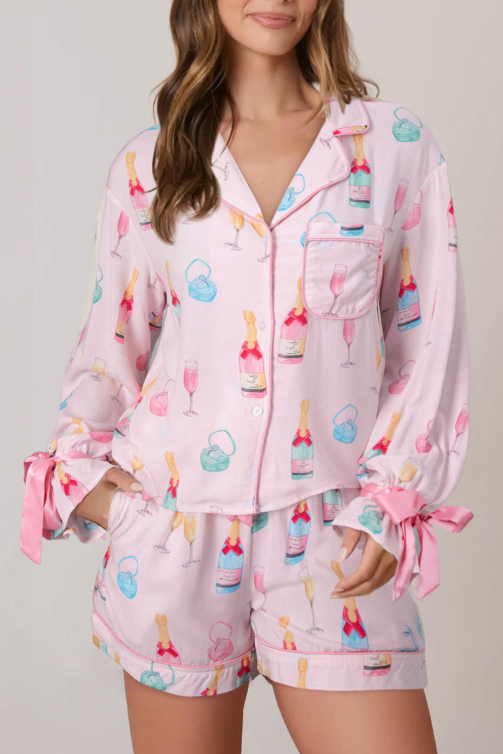 Color black Christmas Wine Glass Print Bow Knot Two Piece Pajama Set-Loungewear & Sleepwear/Sleepwear-[Adult]-[Female]-Light Pink-S-2022 Online Blue Zone Planet