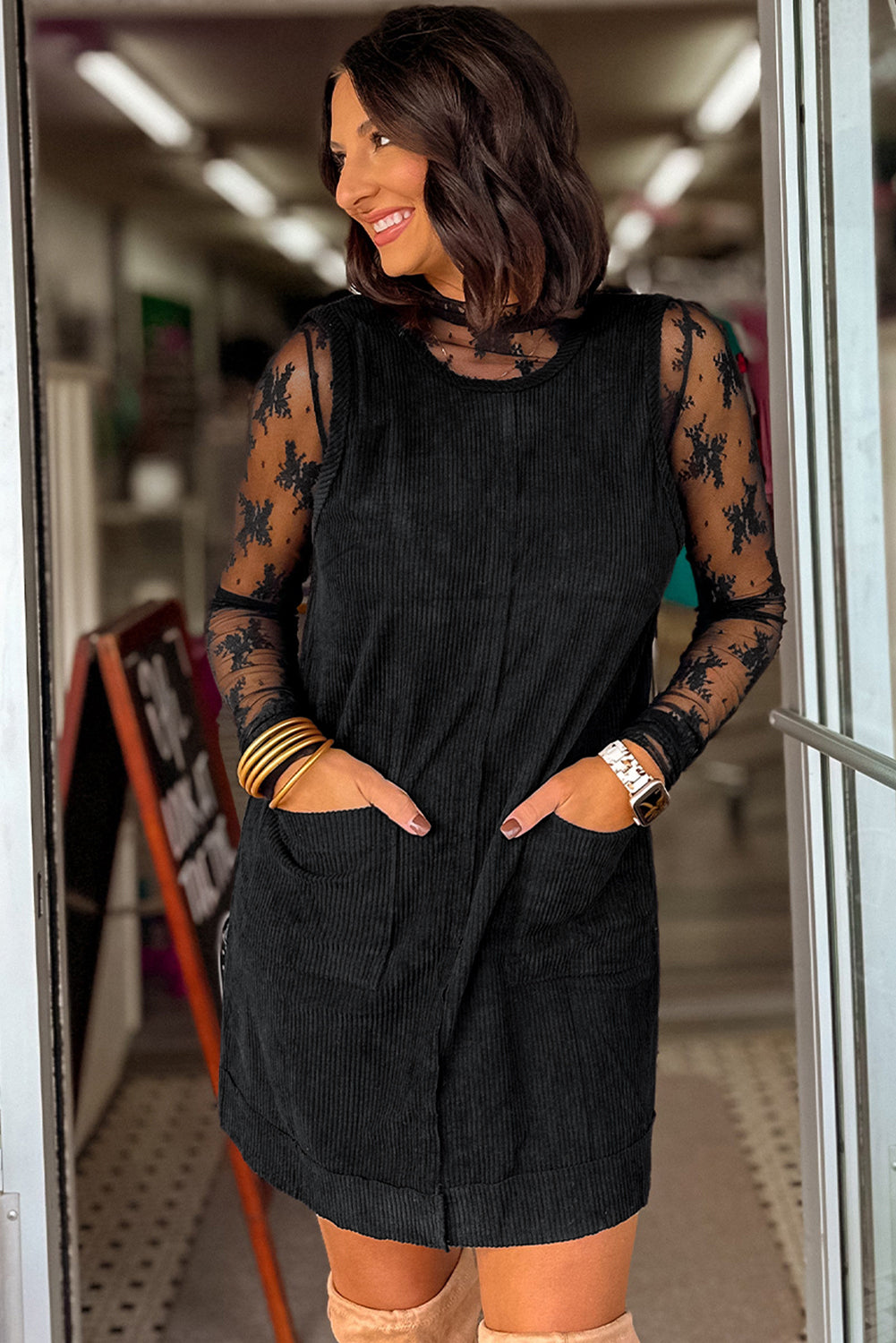 Black Corduroy Sleeveless Mini Dress With Patched Pockets-TOPS / DRESSES-[Adult]-[Female]-2022 Online Blue Zone Planet