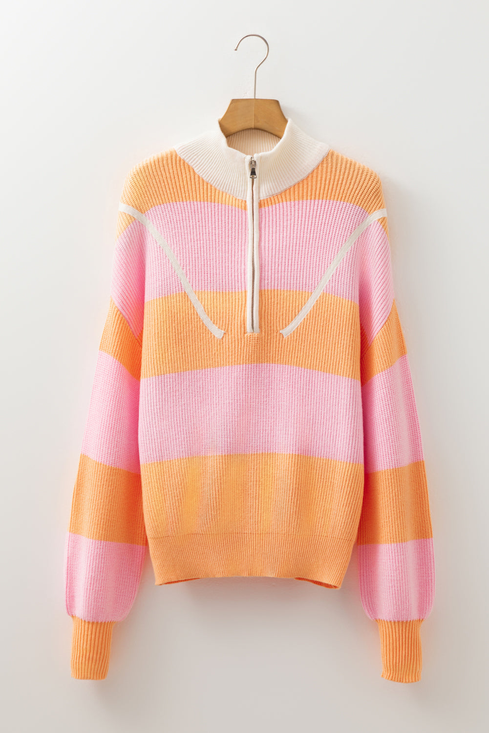 Orange Stripe Colorblock Half Zip Oversize Sweater-Sweaters & Cardigans/Sweaters-[Adult]-[Female]-2022 Online Blue Zone Planet