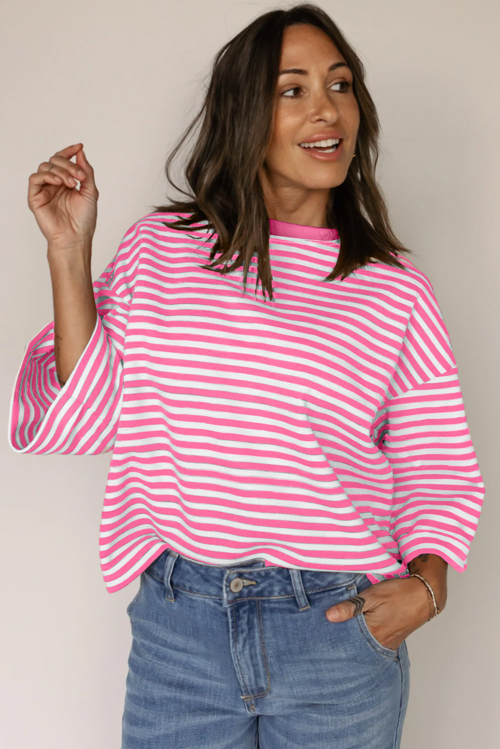 Pink Stripe Bowknot Cutout Back Drop Shoulder Wide Bracelet Sleeve Loose Tee-Tops/Tops & Tees-[Adult]-[Female]-2022 Online Blue Zone Planet