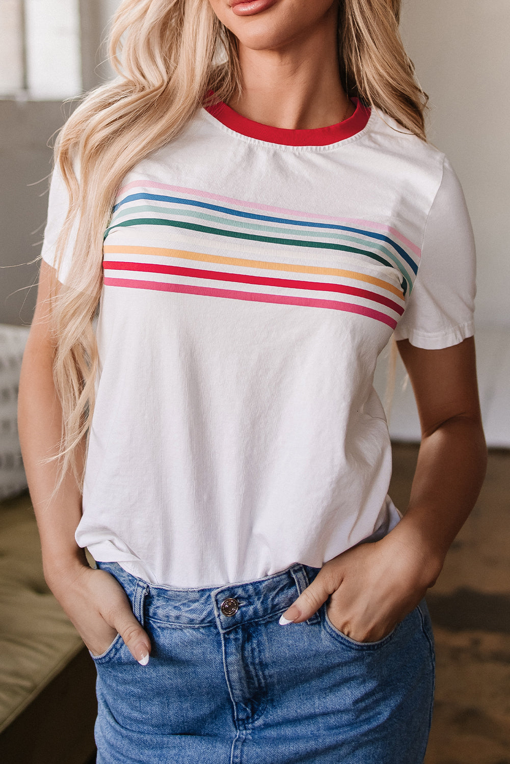 White Rainbow Stripe Print Contrast Crewneck T Shirt-Tops/Tops & Tees-[Adult]-[Female]-2022 Online Blue Zone Planet