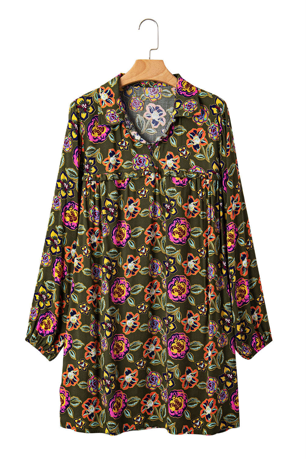 Green Floral Print Split Neck Bubble Sleeve Shift Mini Dress-TOPS / DRESSES-[Adult]-[Female]-2022 Online Blue Zone Planet