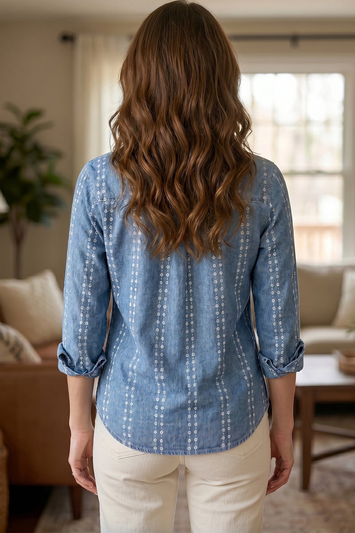 Myosotis Floral Print Button-Down Long Sleeve Denim Shirt