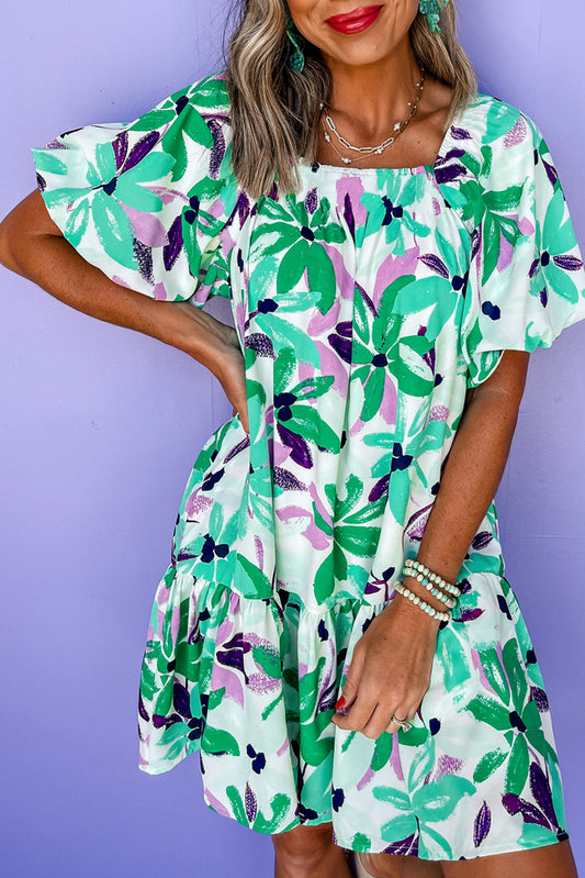 Green Floral Print Shirred Square Neck Loose Fit Mini Dress-TOPS / DRESSES-[Adult]-[Female]-Green-S-2022 Online Blue Zone Planet