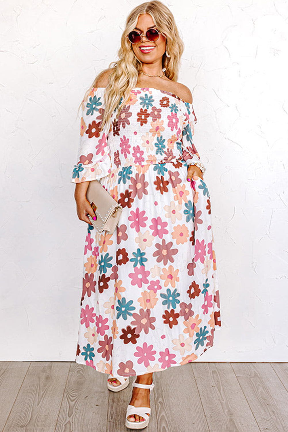 White Plus Size Flower Print Smocked Off Shoulder Dress-TOPS / DRESSES-[Adult]-[Female]-2022 Online Blue Zone Planet