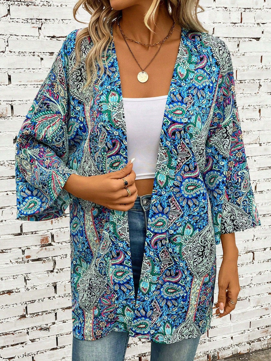 Printed Open Front Three-Quarter Sleeve Cover Up-TOPS / DRESSES-[Adult]-[Female]-Teal-One Size-2022 Online Blue Zone Planet