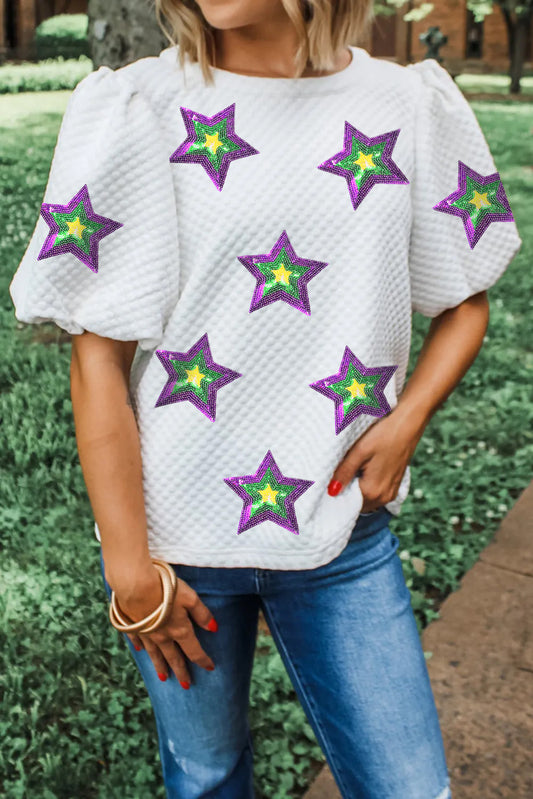 White Textured Sequin Mardi Gras Star Graphic Puff Sleeve Blouse-Graphic/Graphic Tees-[Adult]-[Female]-White-S-2022 Online Blue Zone Planet