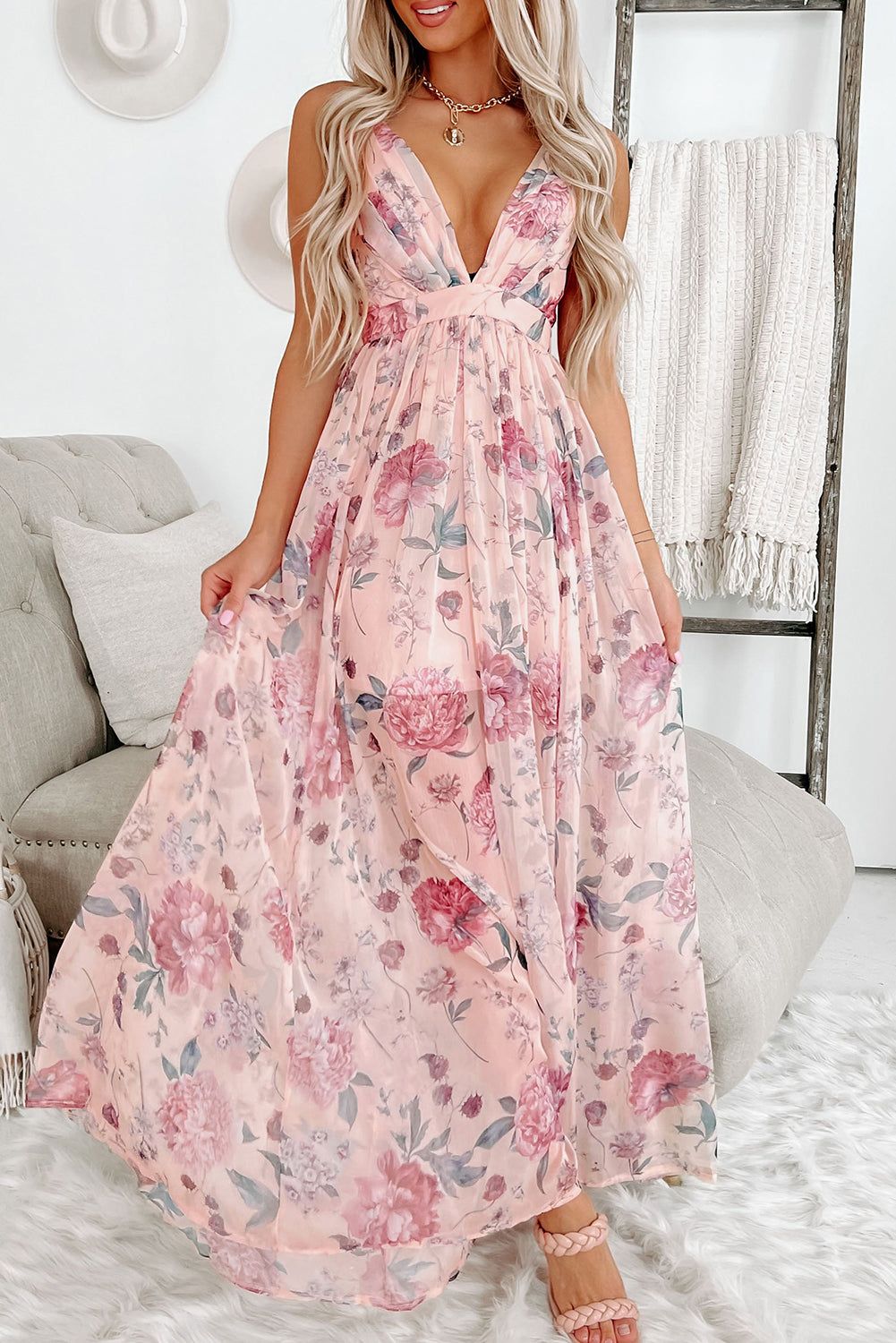 Pink Floral Pleated Bust Deep V Empire Waist Backless Maxi Dress-TOPS / DRESSES-[Adult]-[Female]-Pink-S-2022 Online Blue Zone Planet