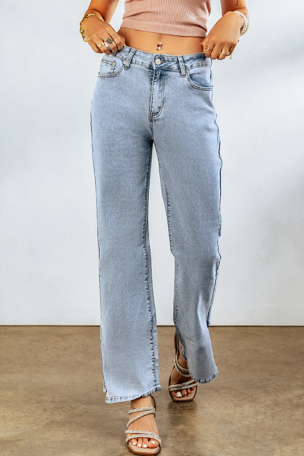 Sky Blue High Rise Slit Anklet Flare Jeans-Bottoms/Jeans-[Adult]-[Female]-2022 Online Blue Zone Planet
