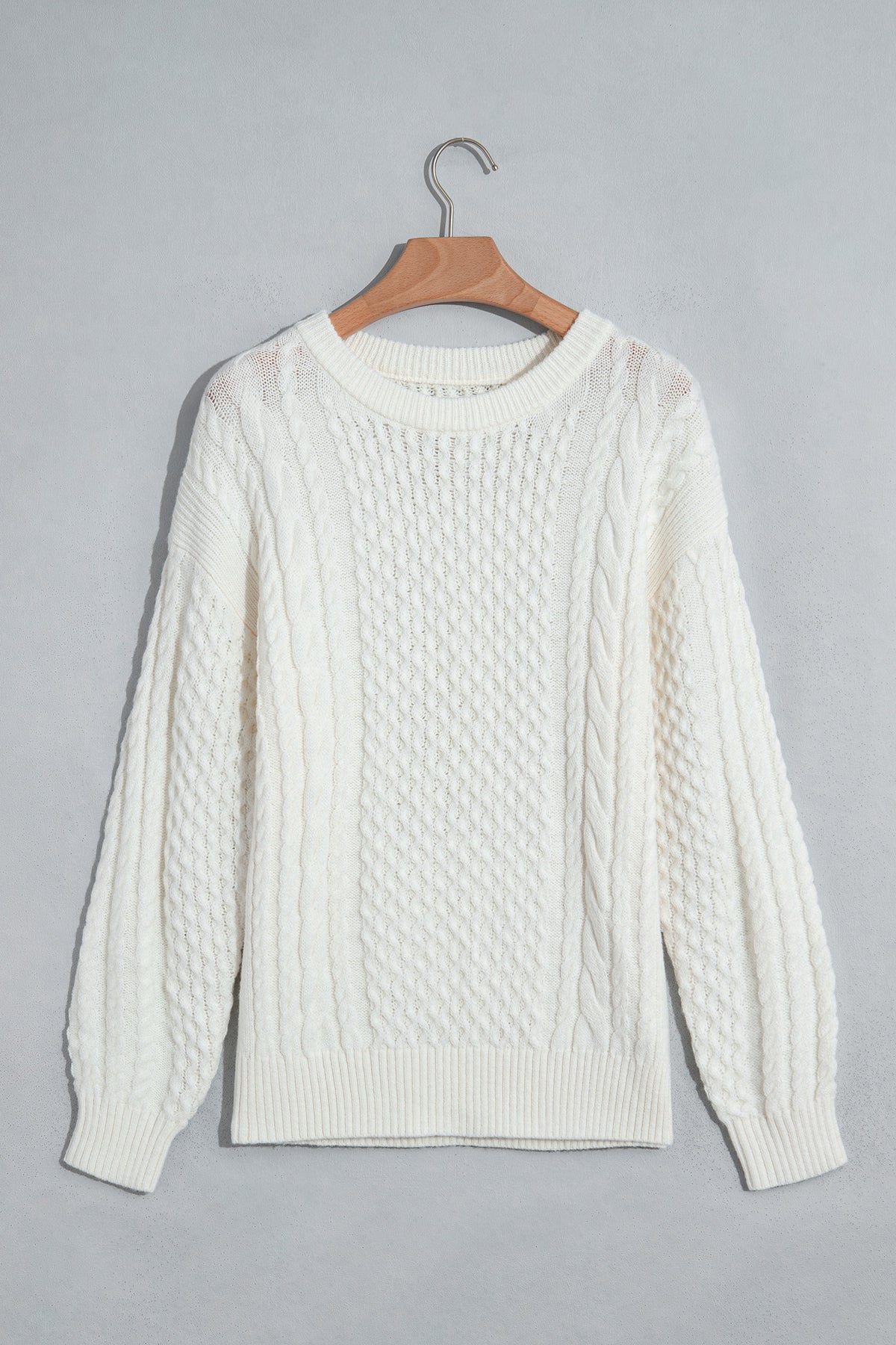 Beige Solid Color Cable Detail Knit Loose Round Neck Sweater-TOPS / DRESSES-[Adult]-[Female]-2022 Online Blue Zone Planet