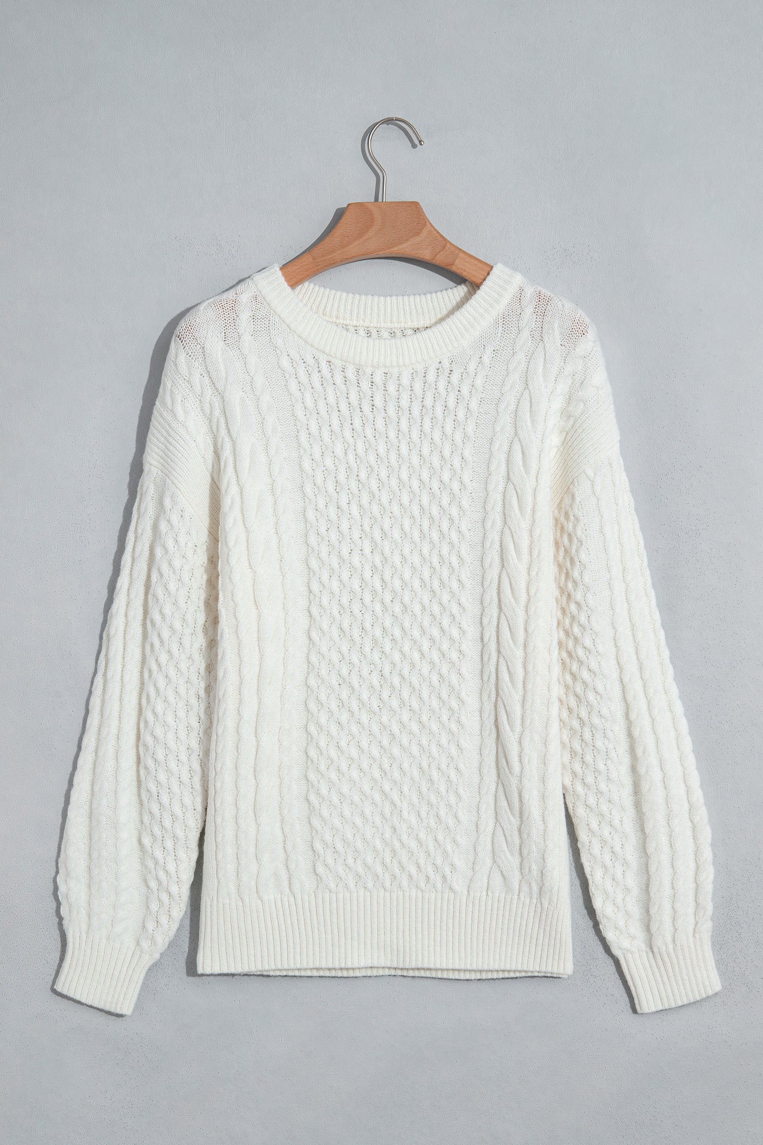 Beige Solid Color Cable Detail Knit Loose Round Neck Sweater-TOPS / DRESSES-[Adult]-[Female]-2022 Online Blue Zone Planet