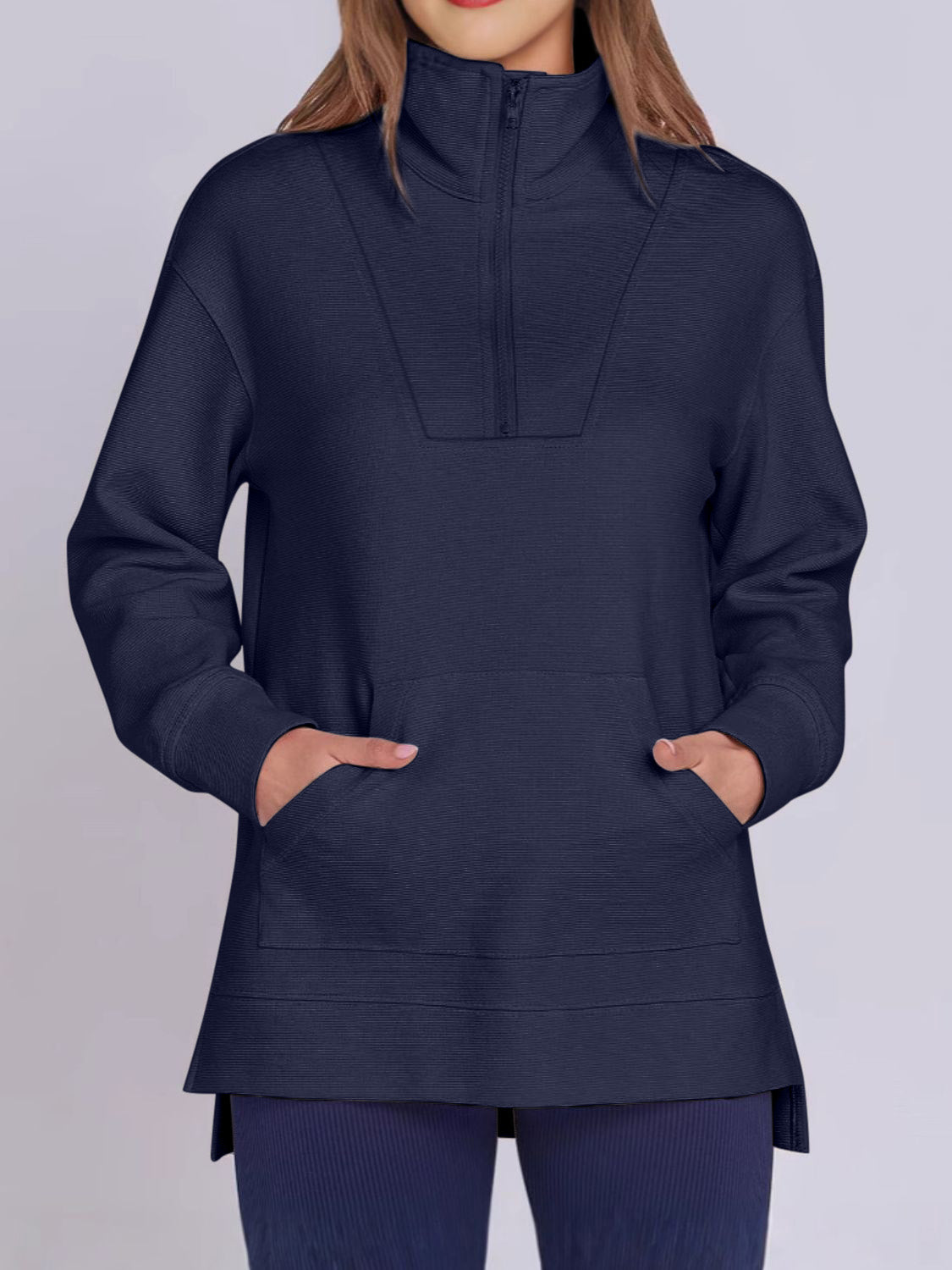 Blue Zone Planet | ฺHigh-Low Quarter Zip Long Sleeve Sweatshirt-TOPS / DRESSES-[Adult]-[Female]-2022 Online Blue Zone Planet