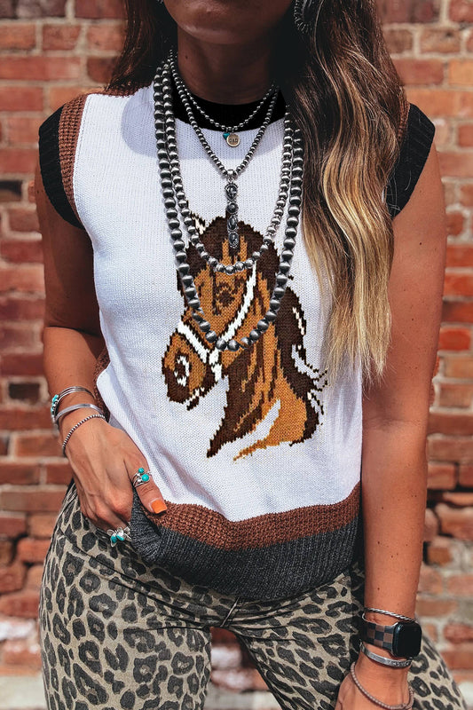 White Western Horse Head Colorblock Trim Sweater Vest-Sweaters & Cardigans/Sweater Vests-[Adult]-[Female]-White-S-2022 Online Blue Zone Planet
