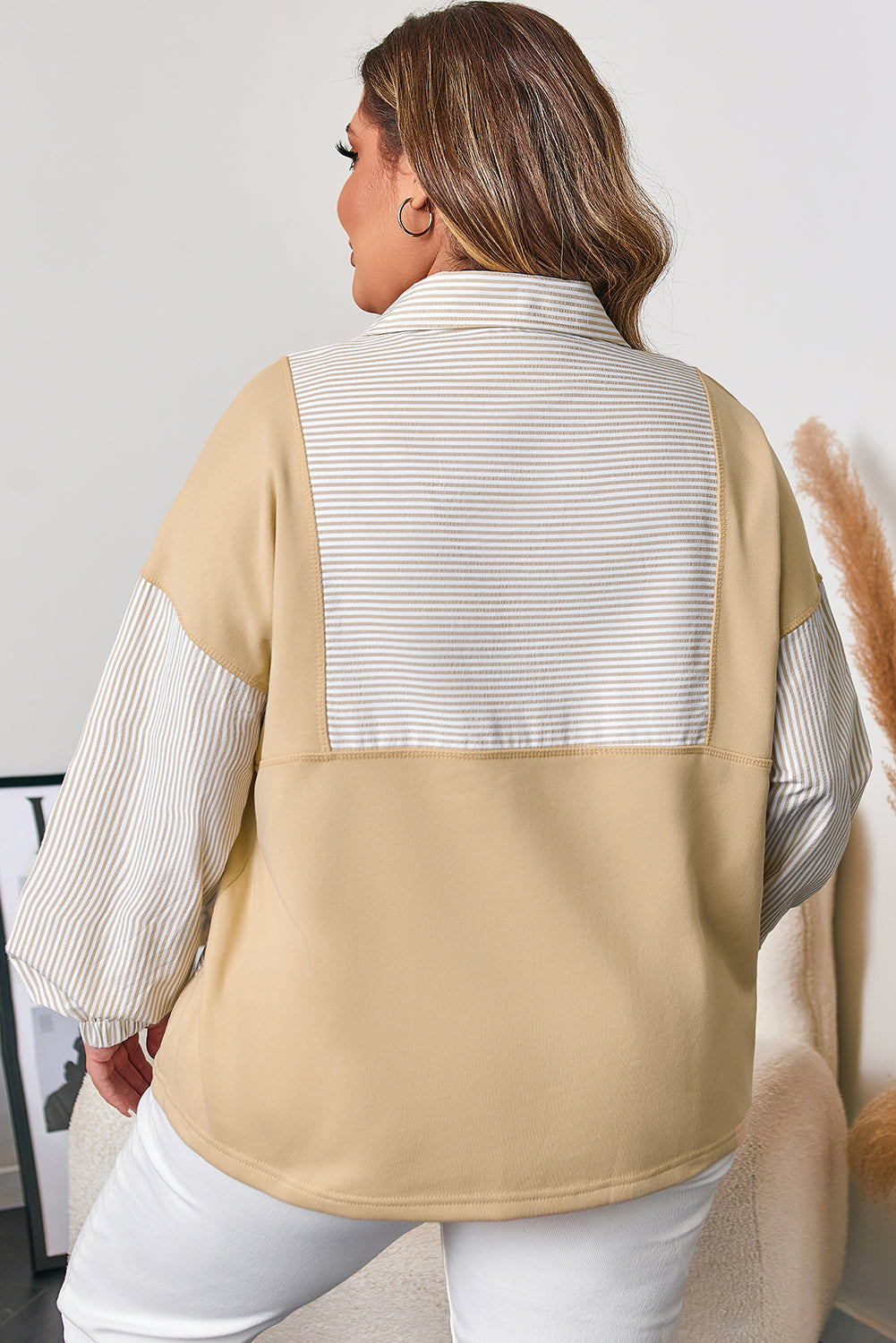 Khaki Stripe Mix Half Zip French Terry Plus Size Sweatshirt-Plus Size/Plus Size Sweatshirts & Hoodies-[Adult]-[Female]-2022 Online Blue Zone Planet