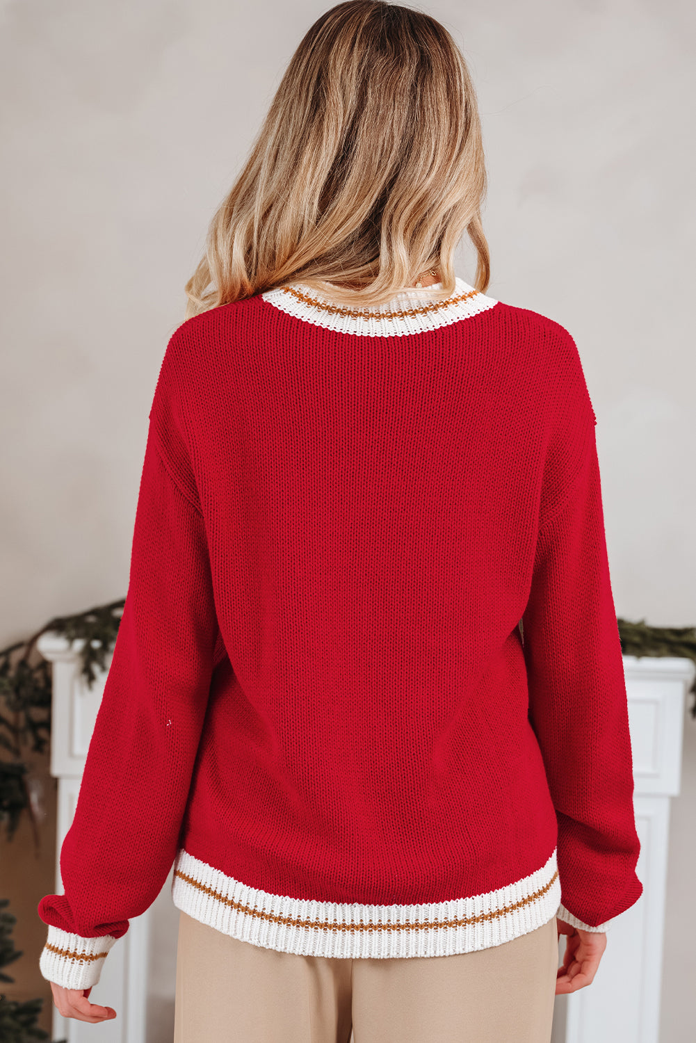 Fiery Red Merry Color Block Edge Drop Shoulder Cozy Sweater-TOPS / DRESSES-[Adult]-[Female]-2022 Online Blue Zone Planet