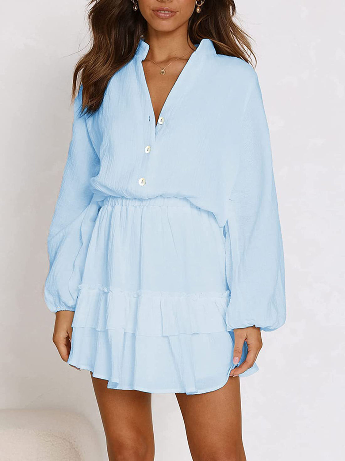 Ruffled Notched Balloon Sleeve Mini Dress-TOPS / DRESSES-[Adult]-[Female]-2022 Online Blue Zone Planet