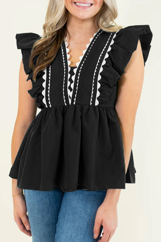 Black Contrast Ricrac Trim Ruffled V Neck Peplum Top-Tops/Blouses & Shirts-[Adult]-[Female]-Black-S-2022 Online Blue Zone Planet