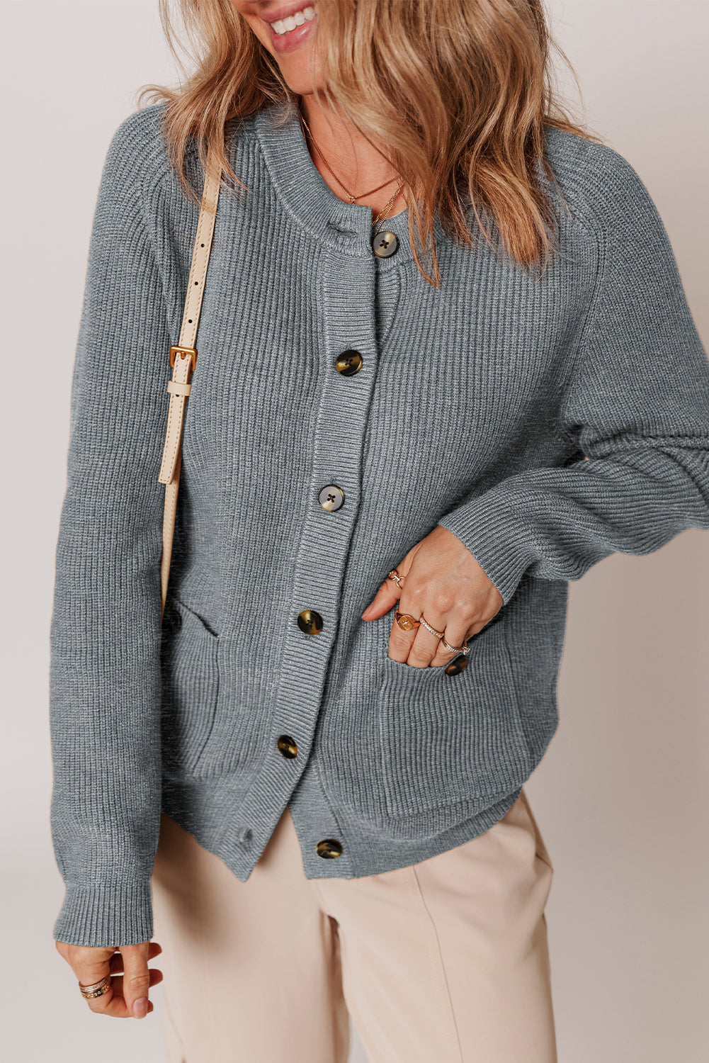Medium Grey Chunky Buttoned Front Round Neck Cardigan Sweater-TOPS / DRESSES-[Adult]-[Female]-Medium Grey-S-2022 Online Blue Zone Planet