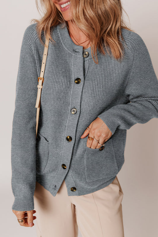 Medium Grey Chunky Buttoned Front Round Neck Cardigan Sweater-TOPS / DRESSES-[Adult]-[Female]-Medium Grey-S-2022 Online Blue Zone Planet