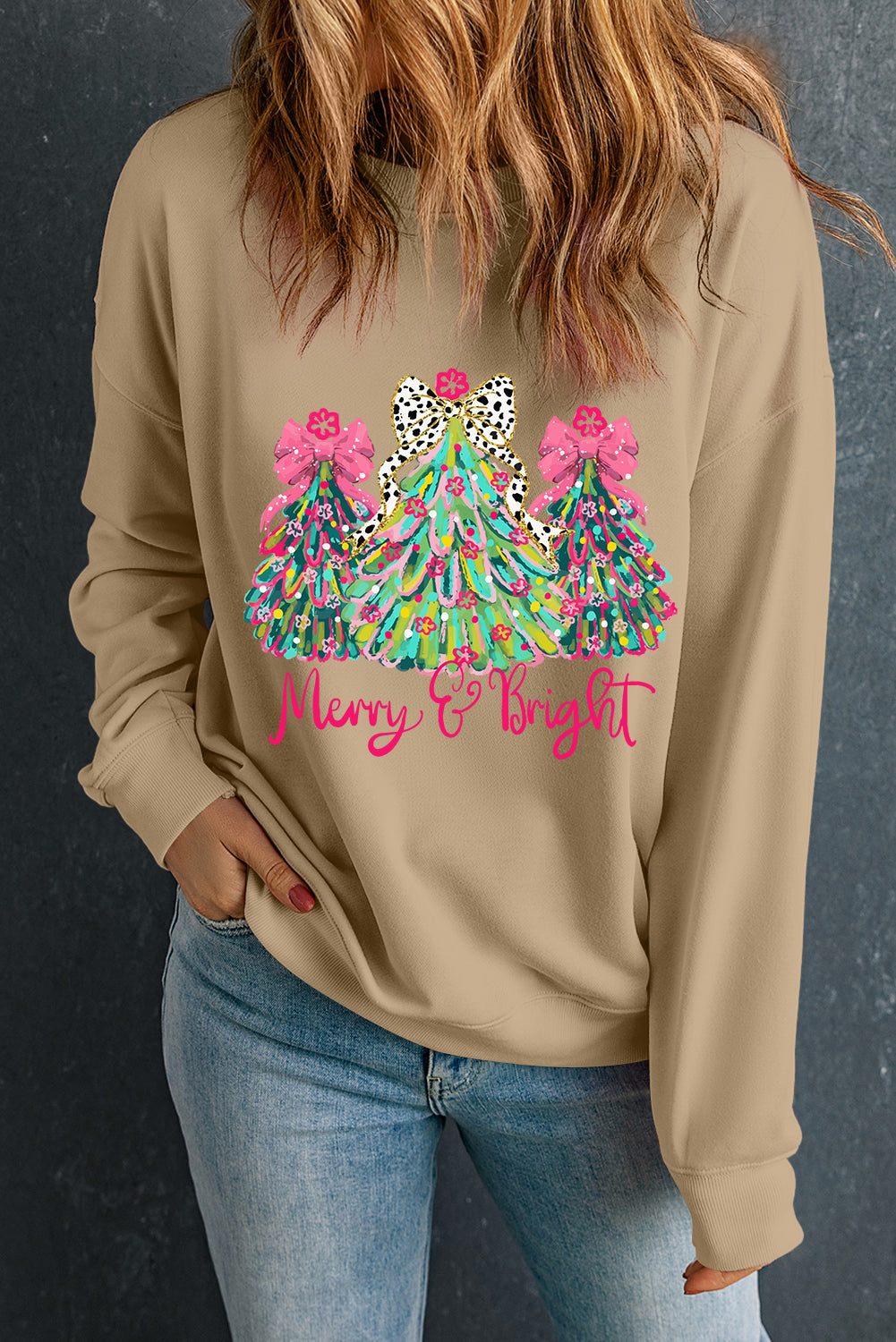 Khaki Merry & Bright Christmas Tree Print Pullover Sweatshirt-Graphic/Graphic Sweatshirts-[Adult]-[Female]-2022 Online Blue Zone Planet
