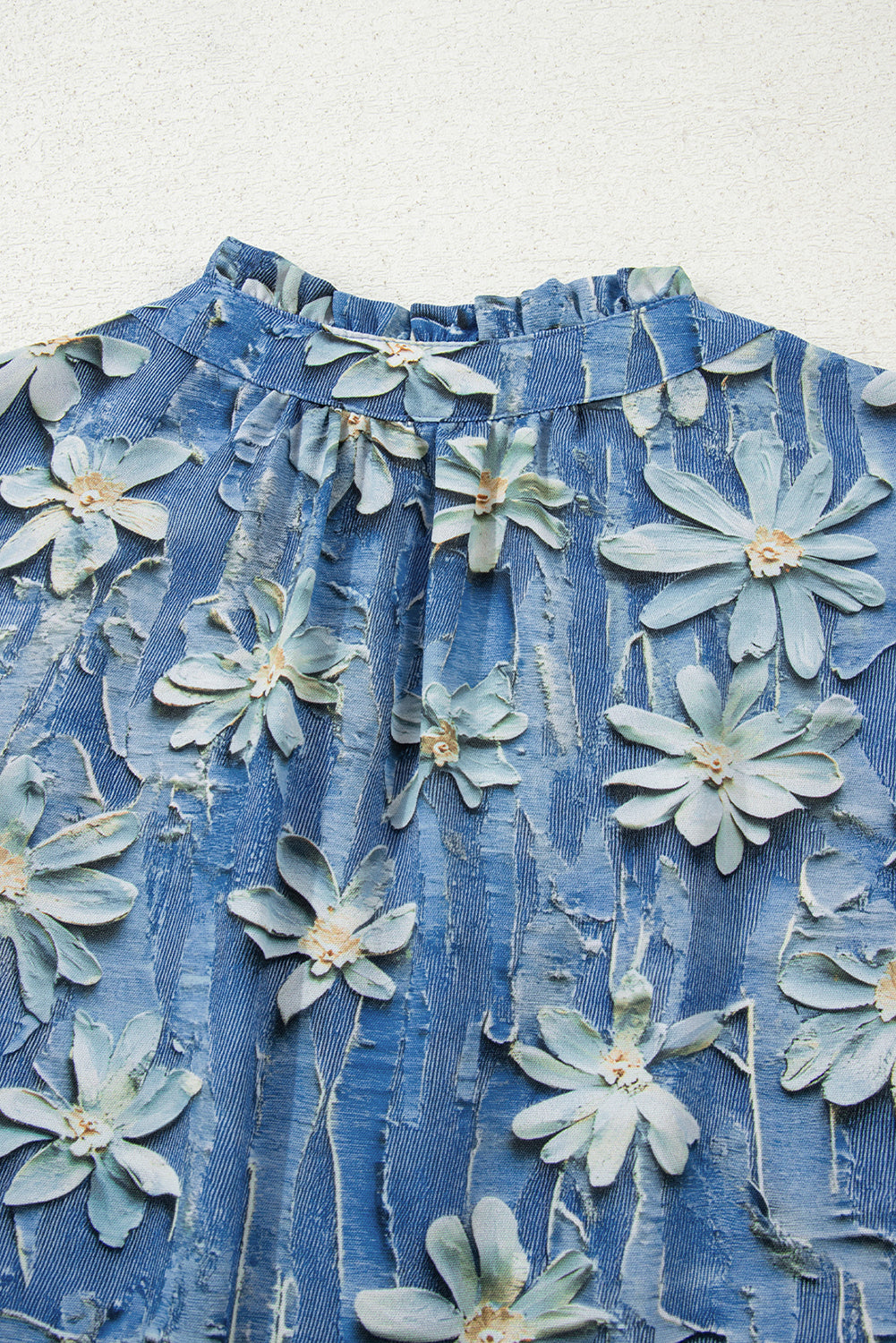 Sky Blue Fall Floral Half Placket Collared V Neck Blouse-Tops/Blouses & Shirts-[Adult]-[Female]-2022 Online Blue Zone Planet