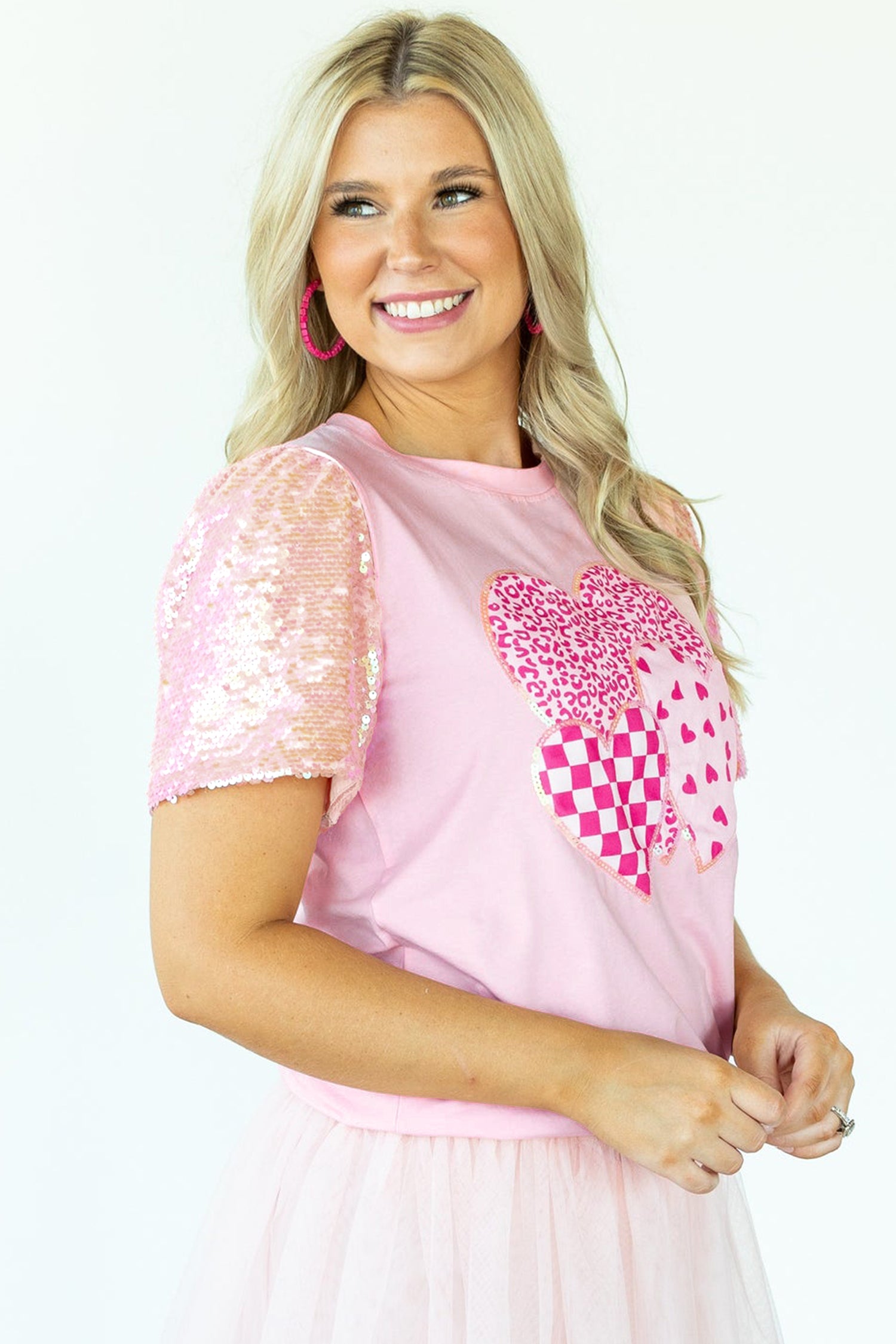Light Pink Three Sweet Hearts Printed Sequin Trim Contrast Sleeve Patchwork Tee-Pre Order Tops-[Adult]-[Female]-2022 Online Blue Zone Planet
