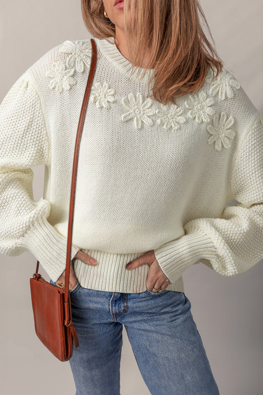 White Flower Detail Round Neck Contrast Textured Puff Sleeve Sweater-TOPS / DRESSES-[Adult]-[Female]-White-S-2022 Online Blue Zone Planet
