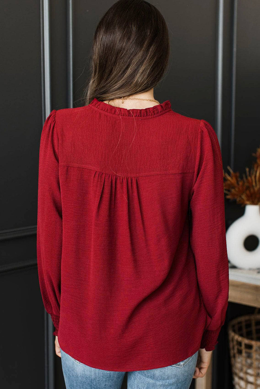Burgundy Notched Neck Shirred Cuff Long Sleeve Blouse-Tops/Blouses & Shirts-[Adult]-[Female]-2022 Online Blue Zone Planet