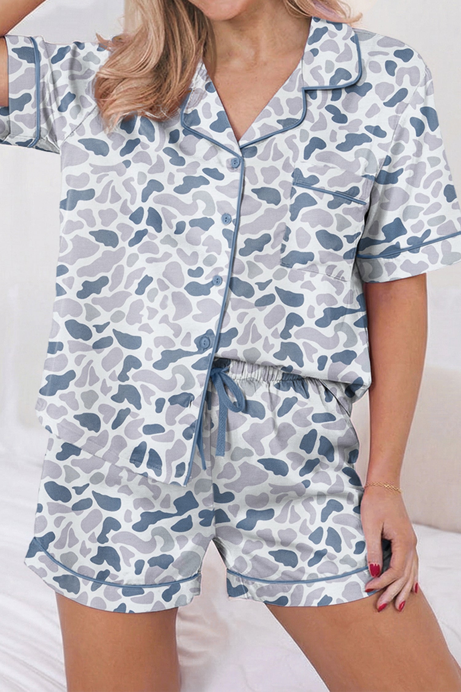 Beige Camouflage Print Lapel Shirt Drawstring 2pcs Short Pajama Set-Loungewear & Sleepwear/Sleepwear-[Adult]-[Female]-Beige-S-2022 Online Blue Zone Planet