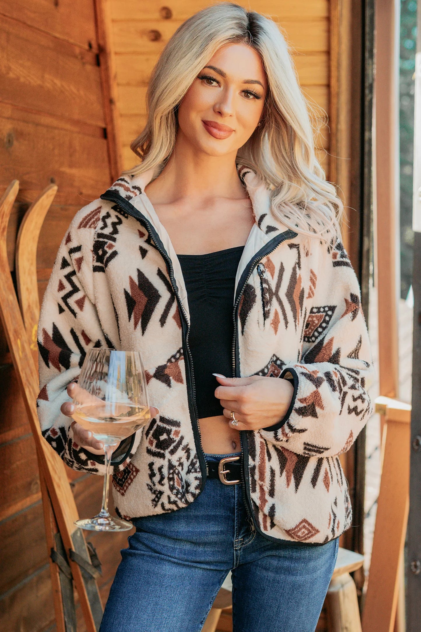 Beige Geometric Print Long Sleeve Shirt Collar Zip-up Placket Binding Tape Jacket