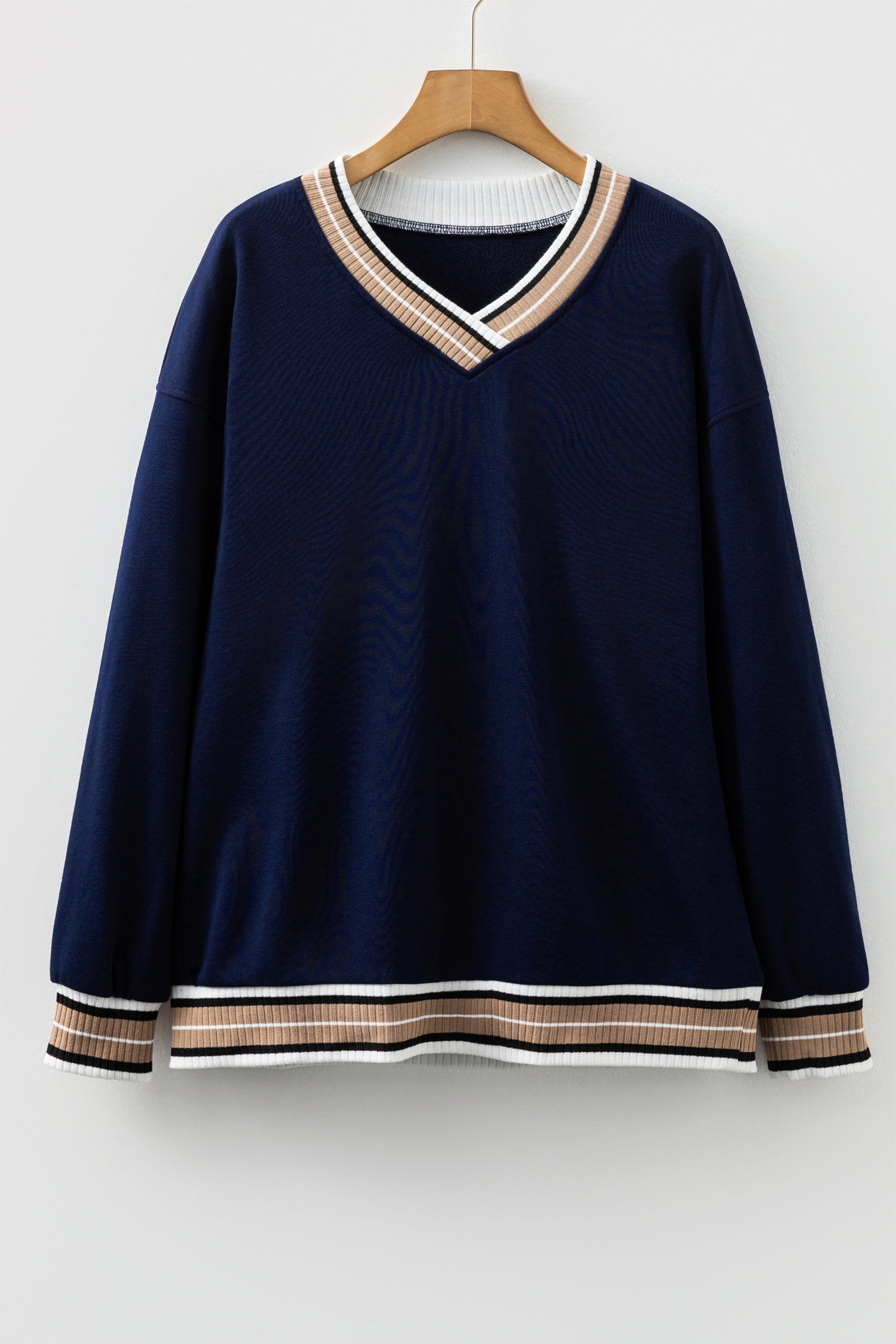 Navy Blue Varsity Contrast Striped Trim V Neck Sweatshirt-Tops/Sweatshirts & Hoodies-[Adult]-[Female]-2022 Online Blue Zone Planet