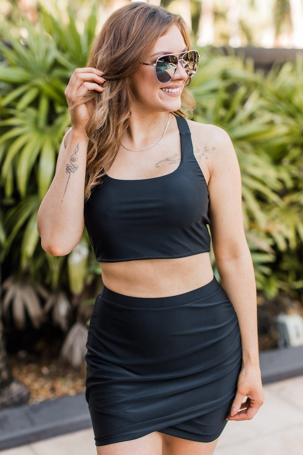 Black Plain Crossover Bikini Tank and Skort Swimwear-Bikini Sets-[Adult]-[Female]-2022 Online Blue Zone Planet