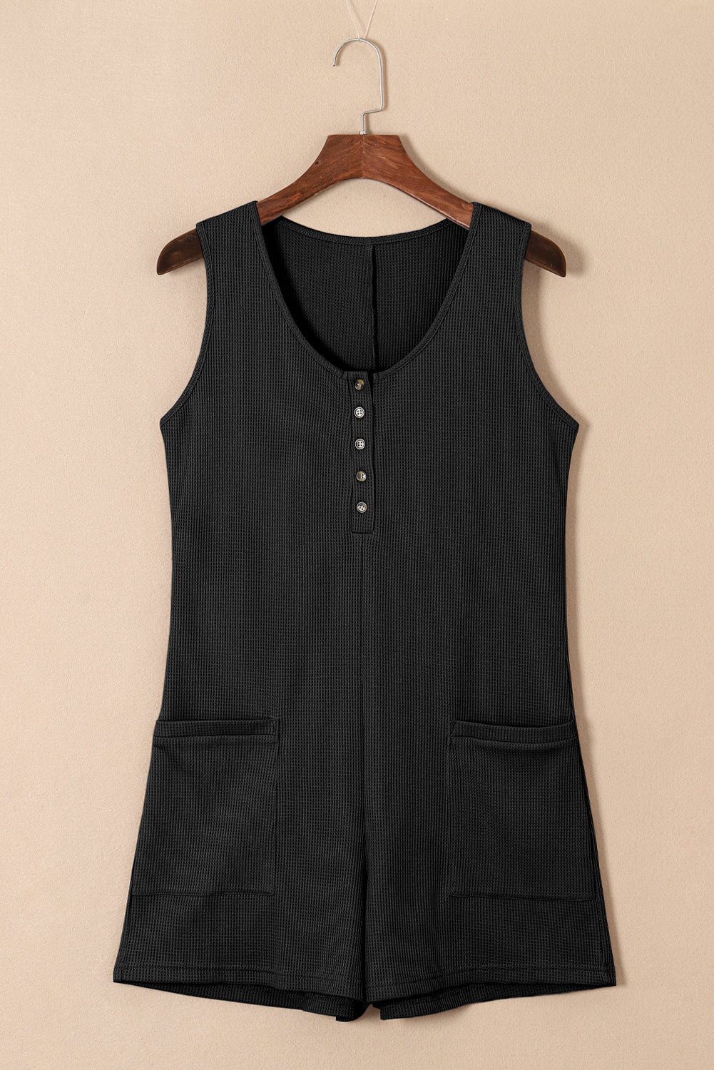 Black Waffle Sleeveless U Neck Buttons Romper With Pockets-Bottoms/Jumpsuits & Rompers-[Adult]-[Female]-2022 Online Blue Zone Planet