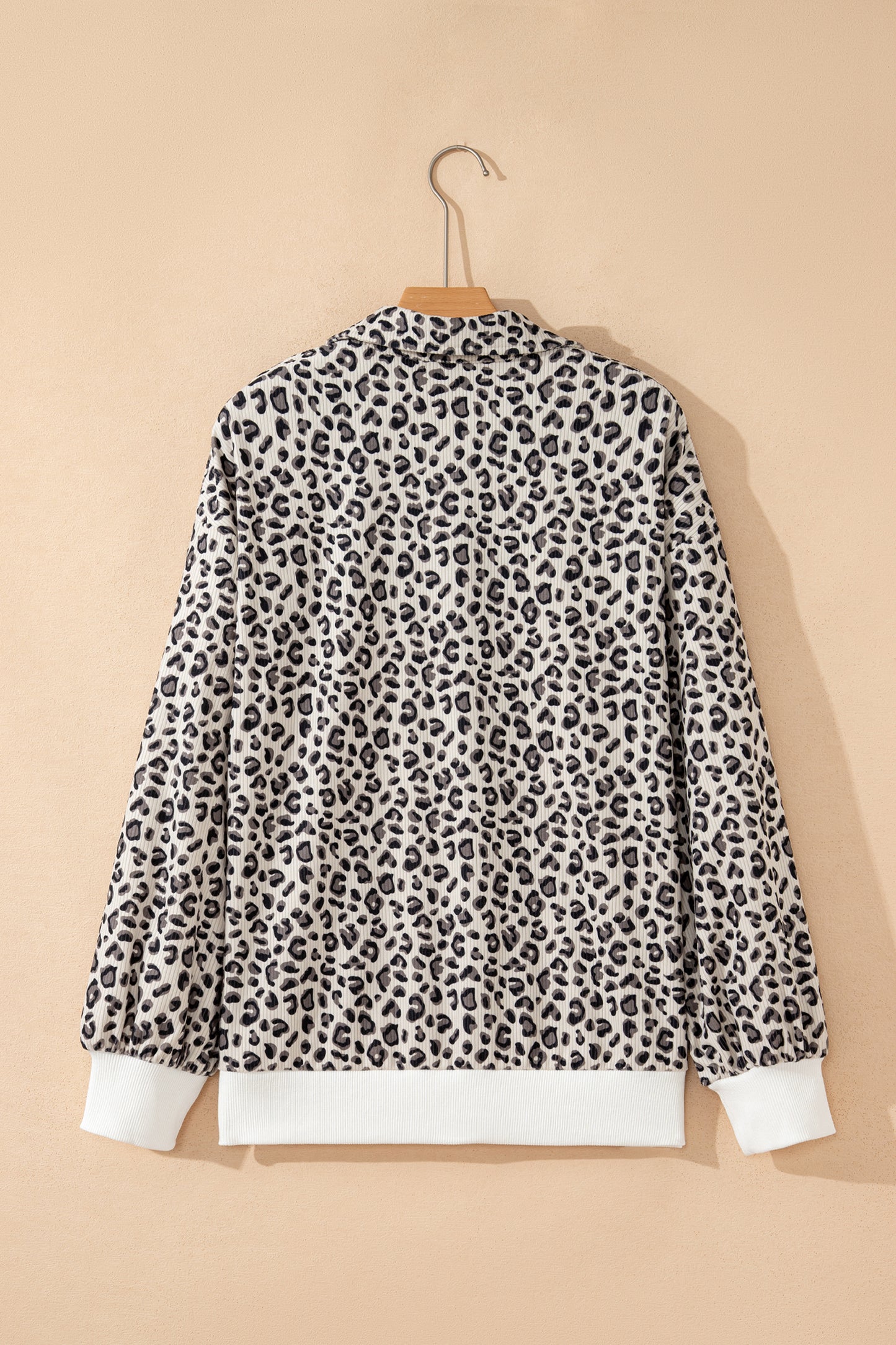Beige Leopard Print Quarter Zip Corduroy Sweatshirt-Tops/Sweatshirts & Hoodies-[Adult]-[Female]-2022 Online Blue Zone Planet