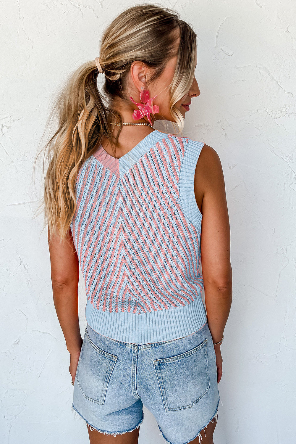 Light Pink Contrast Chevron Knit V Neck Sweater Vest-Sweaters & Cardigans/Sweater Vests-[Adult]-[Female]-2022 Online Blue Zone Planet