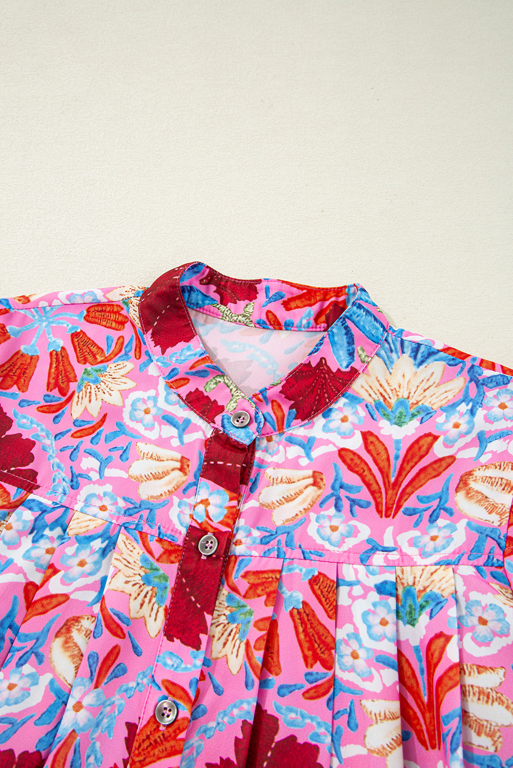 Pink Floral Print Bubble Sleeve Button Up Pleated Shirt-Tops/Blouses & Shirts-[Adult]-[Female]-2022 Online Blue Zone Planet