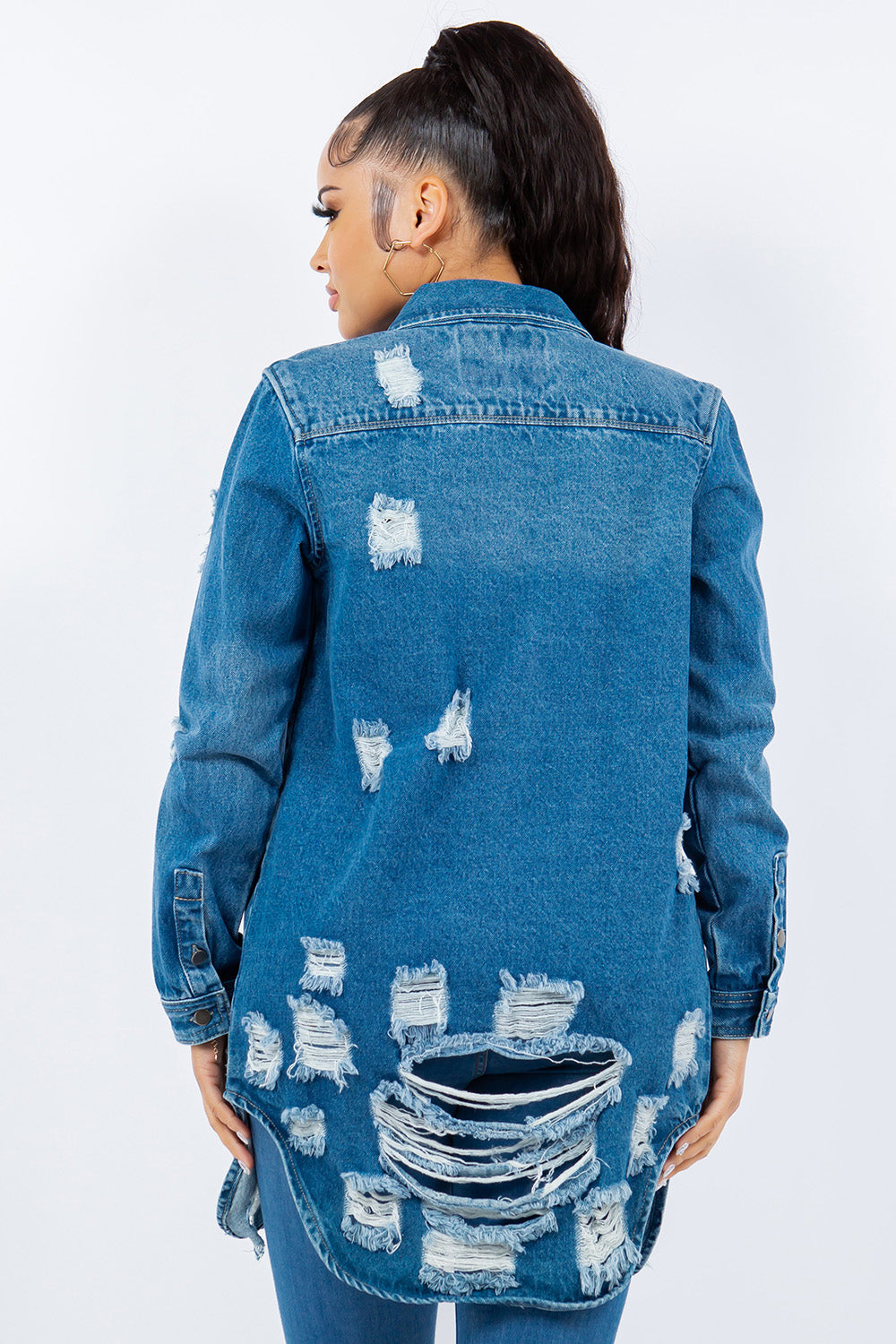 American Bazi Distressed Button Up Long Sleeve Denim Jacket-TOPS / DRESSES-[Adult]-[Female]-2022 Online Blue Zone Planet