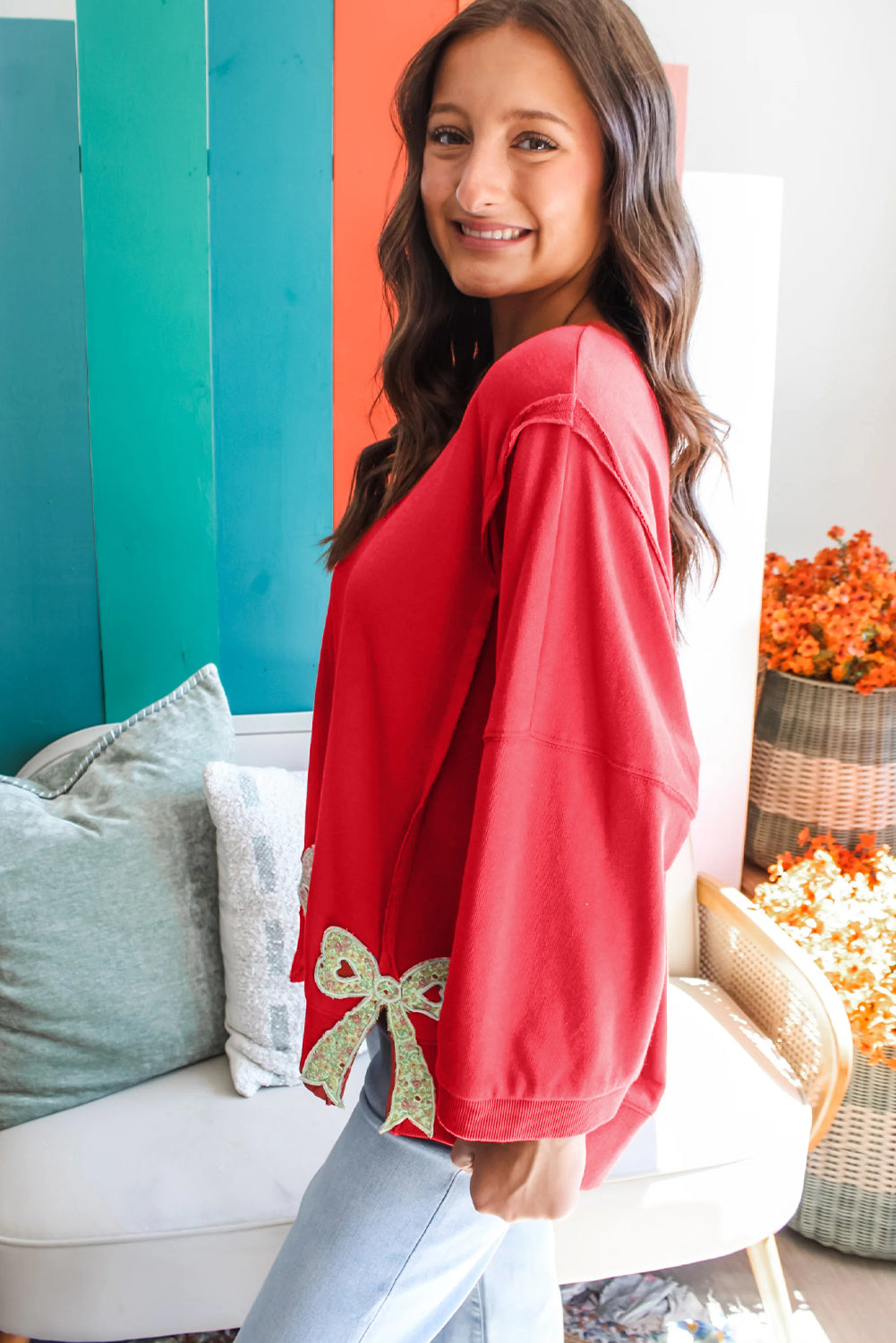 Fiery Red Floral Bow Patched Exposed Seam Patchwork Slit Baggy Sweatshirt-Tops/Sweatshirts & Hoodies-[Adult]-[Female]-2022 Online Blue Zone Planet