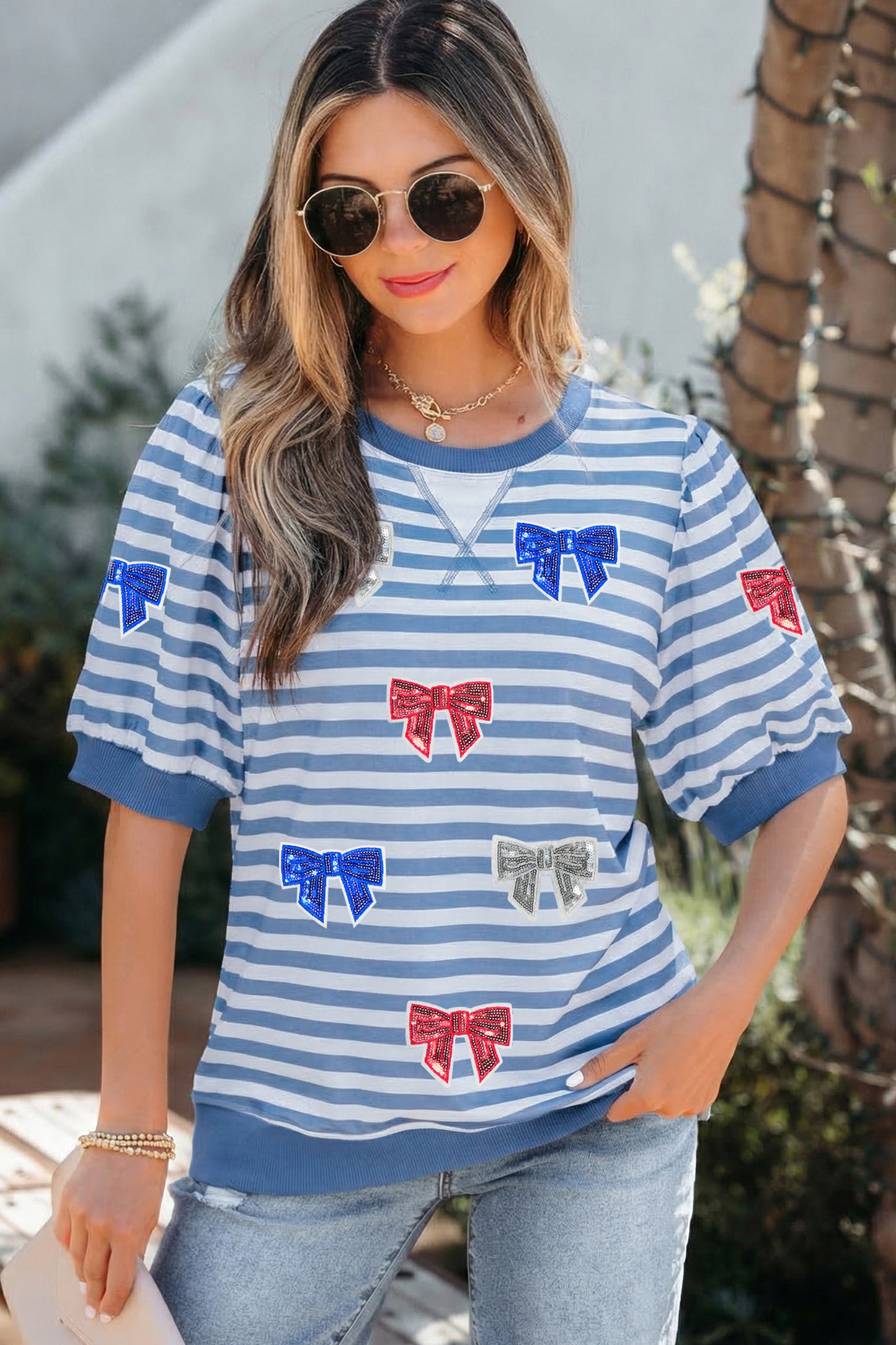 Sky Blue Stripe Patriotic Sequin Bow Graphic Short Puff Sleeve Top-Graphic/Graphic Tees-[Adult]-[Female]-2022 Online Blue Zone Planet